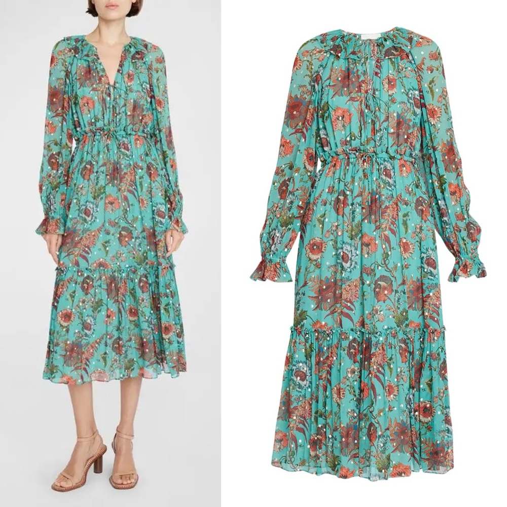 Ulla Johnson Audette Tiered Floral Silk Chiffon Dress Aqua Multi Size 6